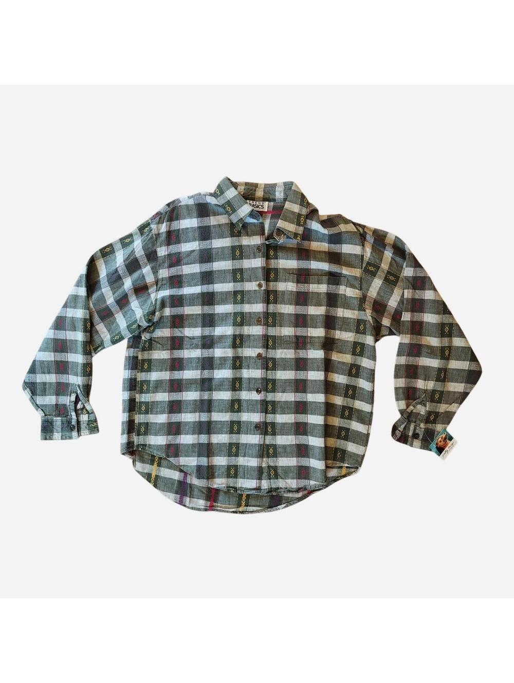 Trend Basics Green, White, and Beige Plaid Button-Up Shirt